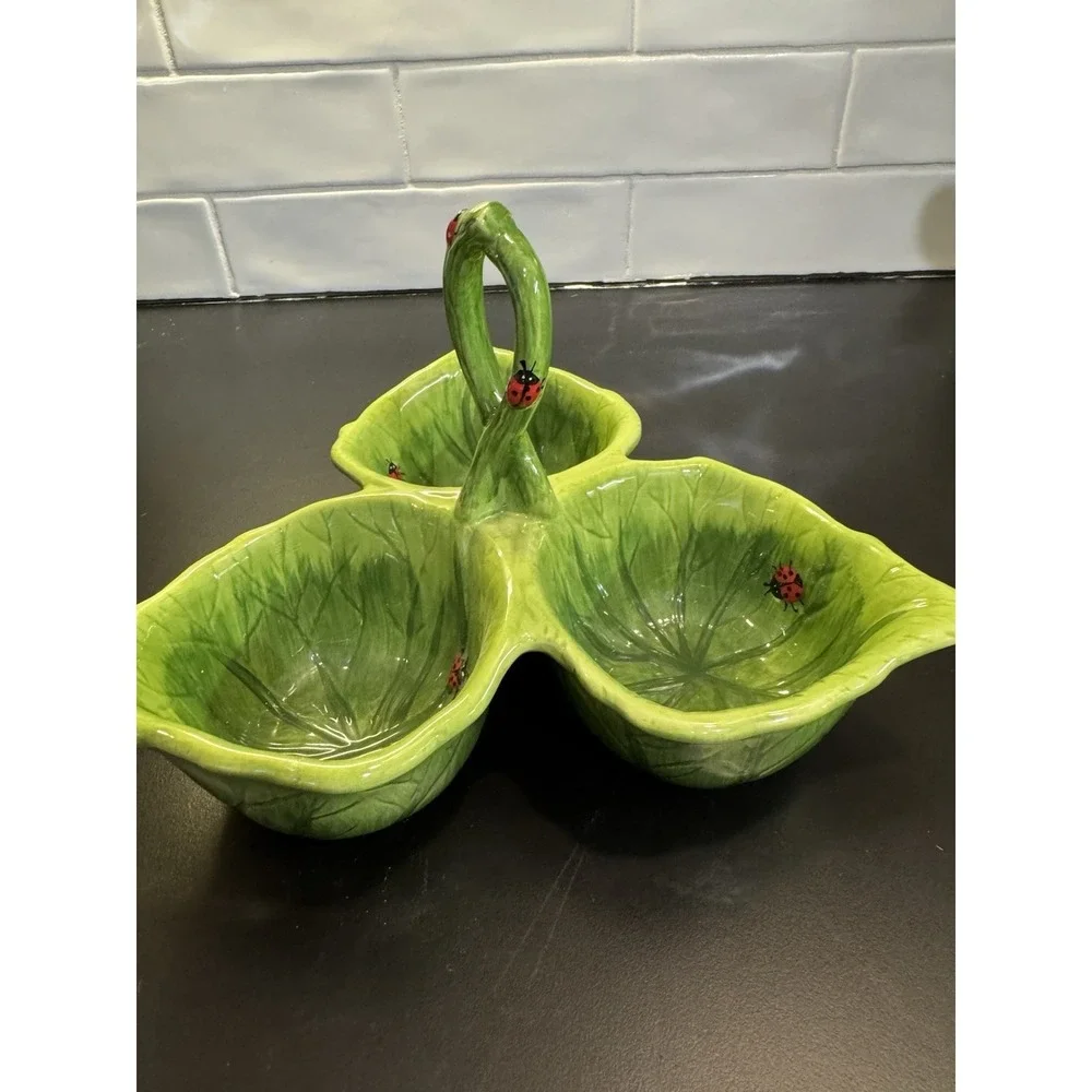 PIER 1 Imports LADYBUG 3 Section Green Leaf Condiment Dip Bowl Serving Handle